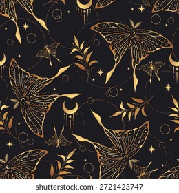 Seamless boho gold butterflies vector pattern. Herbs, stars. Bohemian fabric design. Contemporary composition.
