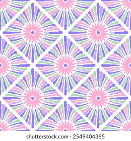 Seamless boho inspired pattern with vibrant floral sunburst designs arranged in a diamond layout.