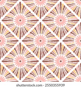 Seamless boho inspired pattern with vibrant floral sunburst designs arranged in a diamond layout.