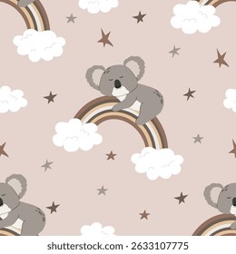 Seamless boho koala pattern. Childrens animal, clouds and stars for fabric, textile, paper, wallpaper, wrapping, greeting card