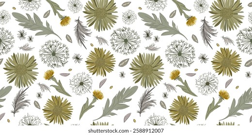 Seamless boho minimalist floral pattern with dandelions, chrysanthemums, feathers and leaves on a white background for fabric and pastel design