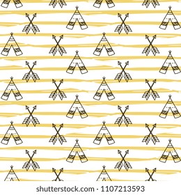 Seamless boho navajo teepee pattern. Cute hand drawn boho fashion vector illustration.