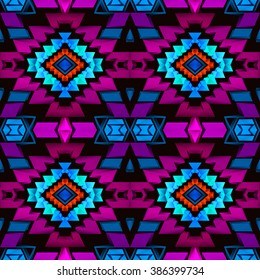Seamless boho pattern with bright colored aztec ornament. Low poly triangular style.