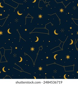 Seamless boho pattern with constellations, stars and moon