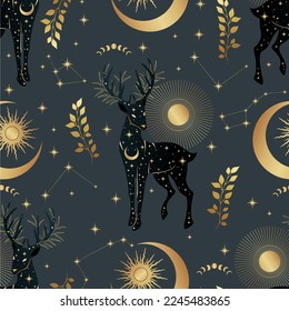 Seamless boho pattern with cosmic deers. Design for card, fabric, print, greeting, cloth, poster, clothes, textile.