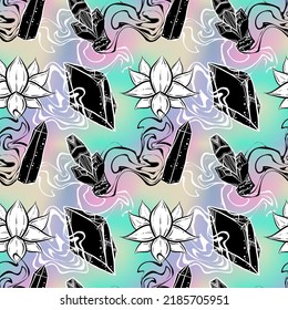 Patrón de boho sin foco con gemas de cristal y flores de loto. Minimalismo y estilo años 80