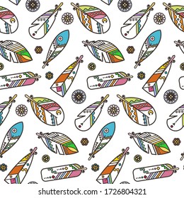 Seamless boho pattern with ethnic tribal feathers, modern vector illustration, for wallpaper, web page background, greeting cards, fabric print