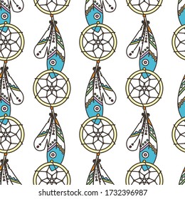 Seamless boho pattern with ethnic tribal feathers, modern vector illustration, for wallpaper, web page background, greeting cards, fabric print