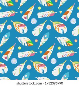 Seamless boho pattern with ethnic tribal feathers, modern vector illustration, for wallpaper, web page background, greeting cards, fabric print