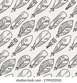Seamless boho pattern with ethnic tribal feathers, modern vector illustration, for wallpaper, web page background, greeting cards, fabric print