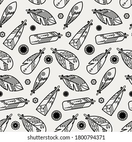 Seamless boho pattern with ethnic tribal feathers, modern vector illustration, for wallpaper, web page background, greeting cards, fabric print