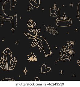 Seamless boho pattern with gold line art crescent moon, candles, crystals, hearts, and floral elements on black for boho mystical designs, witchy aesthetic textiles, packaging, wallpaper.Vector