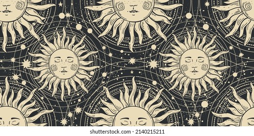 Seamless boho pattern, golden sun with a face and orbits on a black background, esoteric cover pattern, mystical background. Vector illustration for tarot.