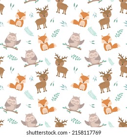 Seamless boho pattern. Illustration of cute forest animals. Vector image of a hand-drawn owl, deer, fox with leaves. For print, background, textile, holiday, child, baby shower, birthday, clothes