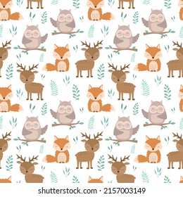 Seamless boho pattern. Illustration of funny forest animals. Vector image of a owl, deer, fox with leaves and plants. For print, textile, holiday, child, baby shower, birthday, clothes, spring, summer