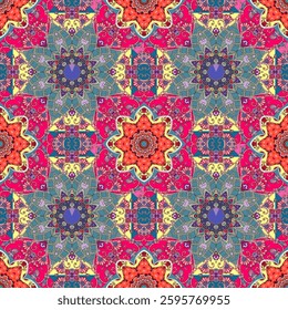 Seamless boho pattern with mandalas - flowers. Print for fabric with ornament in ethnic style