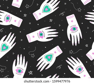 seamless boho pattern with ornate fortune teller hands,eyes and sacred symbols n the night sky.Print for textile,clothing,mobile wallpaper or wrapping paper.Black background.vector