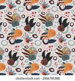 Seamless boho pattern in pastel shades. Pattern with colorful elements for printing on textiles, printing and interior decor. Illustration in the style of minimalism, abstraction.