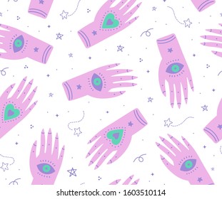 seamless boho pattern with pink fortune teller hands,eyes and sacred symbols.Pastel goth girly print for textile,clothing,mobile wallpaper or wrapping paper.White background.vector