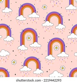 Seamless boho pattern with rainbows, clouds and daisy. Vector background in trendy psychedelic cartoon style. Stay groovy. Good vibes.