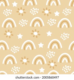 Patrón de boho sin foco con arcos de lluvia, estrellas, lluvia y sol para textiles y telas. Impresión escandinava. Fondo de escritorio de verano, antecedentes