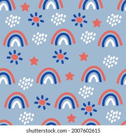 Patrón de boho sin foco con arcos de lluvia, estrellas, lluvia y sol para textiles y telas. Impresión escandinava. Fondo de escritorio de verano, antecedentes