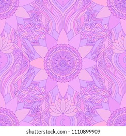 Seamless boho pattern. Stylized floral background with pink lotus flowers, mandala, and waves. Gypsy, ethnic design in vector, Indian, Asian motifs.