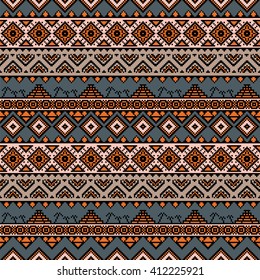 Seamless boho pattern. Tribal aztec stylized ornament with palm trees and chichen-itza pyramid. Abstract wallpaper with folk motives. Aztec pattern. Ethnic print template for textile and paper. 