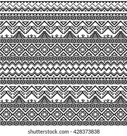 Seamless boho pattern. Tribal aztec stylized ornament with cactuses and chichen-itza pyramid. Abstract wallpaper with folk motives. Aztec pattern. Ethnic print template for textile and paper.