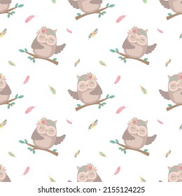 Seamless boho pattern. Vector image on national American motifs. Illustration of a hand-drawn owl on the tree with feathers and flowers. For print, background, textile, holiday, child, baby, birthday