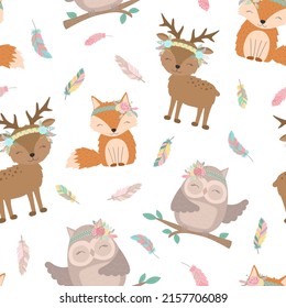 Seamless boho pattern. Vector image on national American motifs. Illustration of a hand-drawn fox, deer and owl with feathers. For print, background, textile, holiday, children, baby, birthday, party