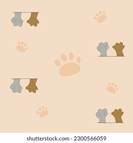 Seamless boho patterns with cute paw cat. Contemporary minimalistic trendy yellow backgrounds for kids. Vector illustration Flat web design element for website or app, graphic design, logo, web site, 