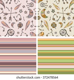 Seamless boho patterns - dream catcher, moon, arrows and beads on polka dot background. Hand drawn vector illustration