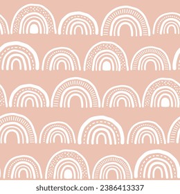 Seamless boho rainbow pattern of pastel color in hand drawing style. Decorative background vector design for kids print. Vector illustration.