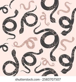 Seamless boho snake pattern with tribal ornamental details. Stylized snakes with intricate tribal and folk patterns. Abstract bohemian motif for fabric, print, wallpaper, web. Vector illustration