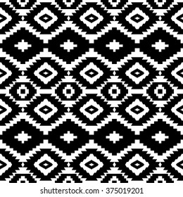 Seamless boho style abstract pattern with traditional tribal aztec elements. Black and white.