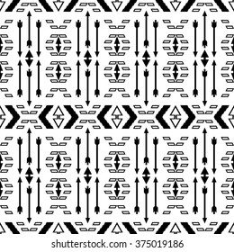 Seamless boho style ethnic pattern with arrows. Tribal aztec elements. Abstract vector illustration. Black and white.