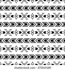 Seamless boho style hipster pattern with arrows. Tribal aztec elements. Black and white.