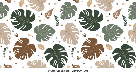 Seamless boho style monstera leaf pattern, natural pastel earthy colors on light background, bohemian style tropical leaf design, vector texture for textile and print