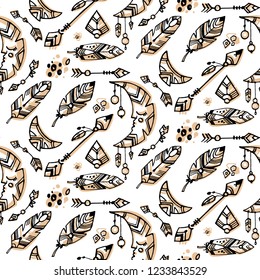 Seamless boho style pattern. Bohemian background with tribal and boho objects and elements. Boho moon, tribal arrow, wild feather. Background with natural colours. Ethnic seamless pattern