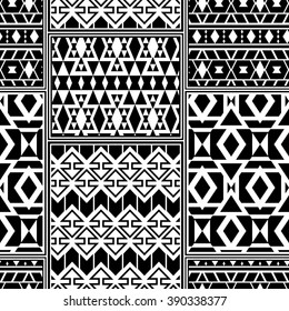 Seamless boho style pattern combined of different aztec ornaments. Patchwork imitation. Black and white.