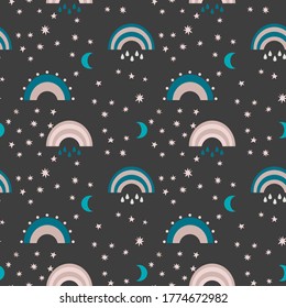 Seamless boho style vector pattern. Rainbow, stars and moon on a dark background. Cute design for textile, fabric, paper.