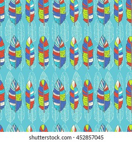 Seamless boho tribal background. Endless geometric ornament. Native American indigenous ornamental pattern texture with feathers and beads