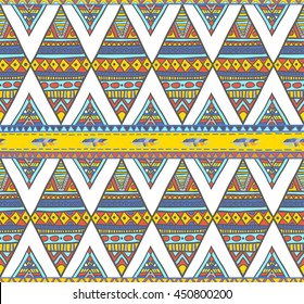 Seamless boho tribal rhombus background. Endless geometric pattern. Native American indigenous ornamental texture with feathers and ornament diamonds.