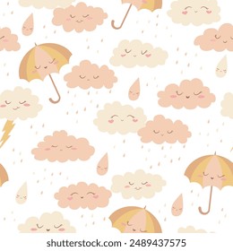 Seamless boho vector pattern with cute hand drawn cartoon clouds, umbrellas and raindrops isolated on white background. Pastel color design for fabric print, wallpaper, card, nursery