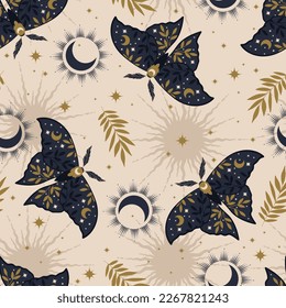 Seamless boho vector pattern. Moon moth, herbs, stars. Bohemian fabric design. Contemporary composition.