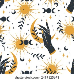 Seamless boho vector pattern with plants, stars, crescent, woman hands. Magic pattern for astrology, textiles, wrapping paper, design.