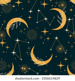 Seamless boho vector pattern with stars, crescent and constellations. Magic pattern for astrology, textiles, wrapping paper, design.