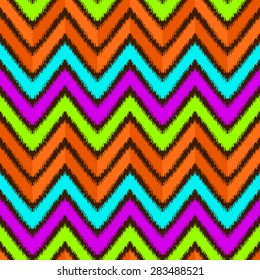 Seamless boho wavy pattern with ethnic and tribal motifs, zigzag lines, brushstrokes and splatters of paint in multiple bright colors for summer fall fashion. Vector illustration. Hand drawn 