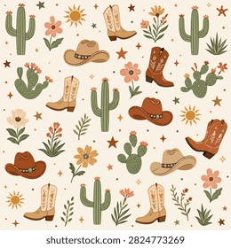Seamless boho western pattern vector with cactus, boots, hats, flowers, stars, and earthy tones for fabric, wrapping, stationery, and POD products